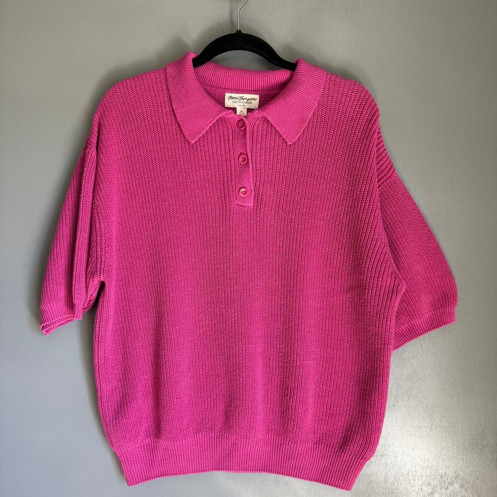 NORM THOMPSON Women's XL Bright Pink Knit Polo Short Sleeve Sweater Boho Retro